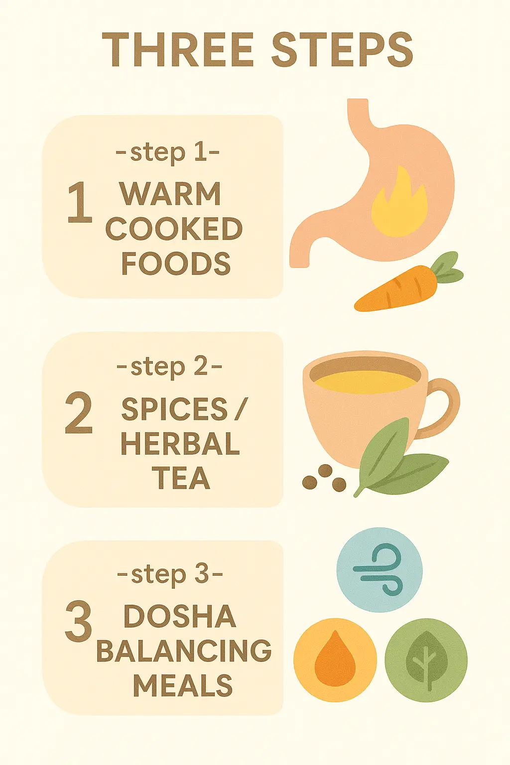 Three step Ayurvedic Diet for Digestion healing framework infographic