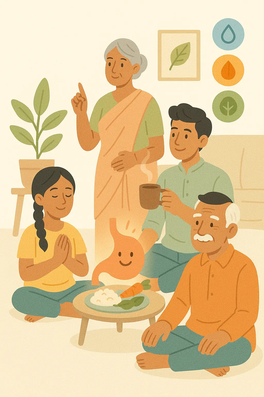 Human lifestyle transformation through Ayurvedic diet for digestion illustration