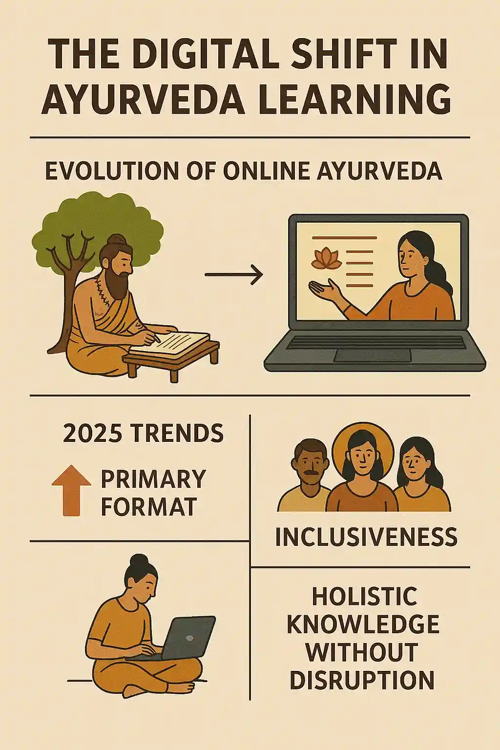 Infographic explaining the digital shift in Ayurveda Classes Online and the evolution of e-learning