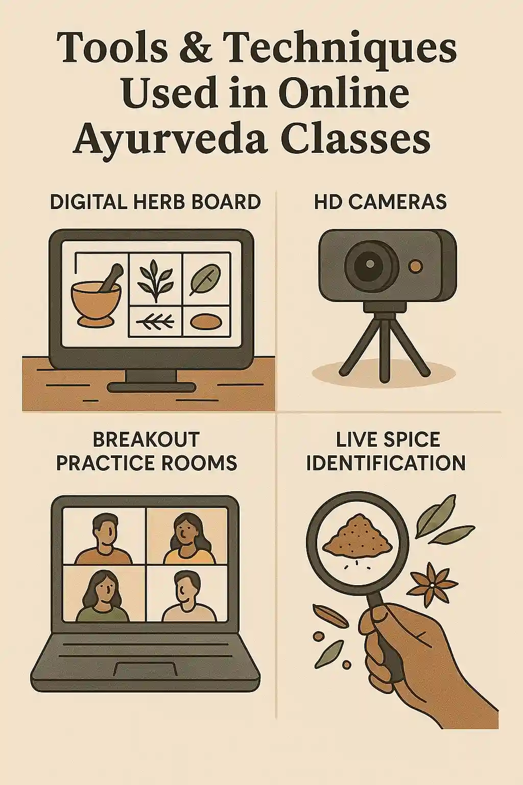 Infographic showing how live Ayurveda Classes Online function through technical setup and interaction