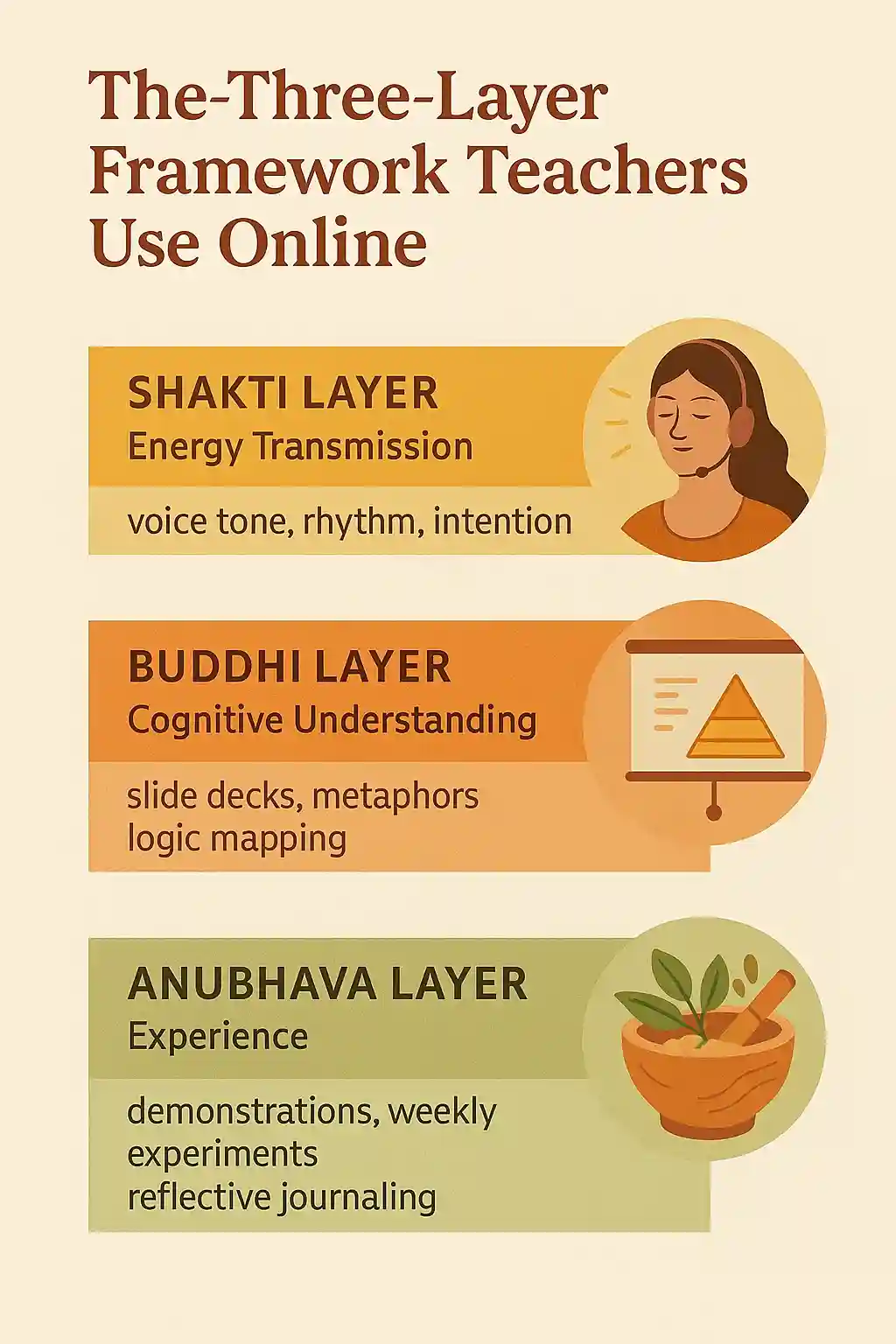 Infographic illustrating the three-layer teaching framework used in Ayurveda Classes Online