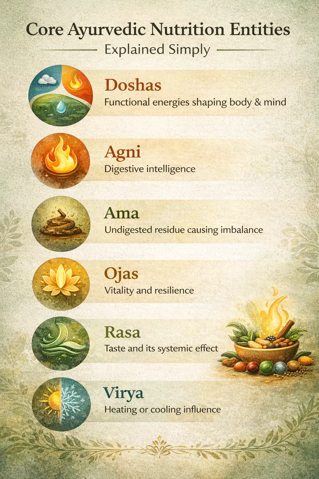 Simple dosha based nutrition framework showing Vata, Pitta and Kapha characteristics and dietary direction