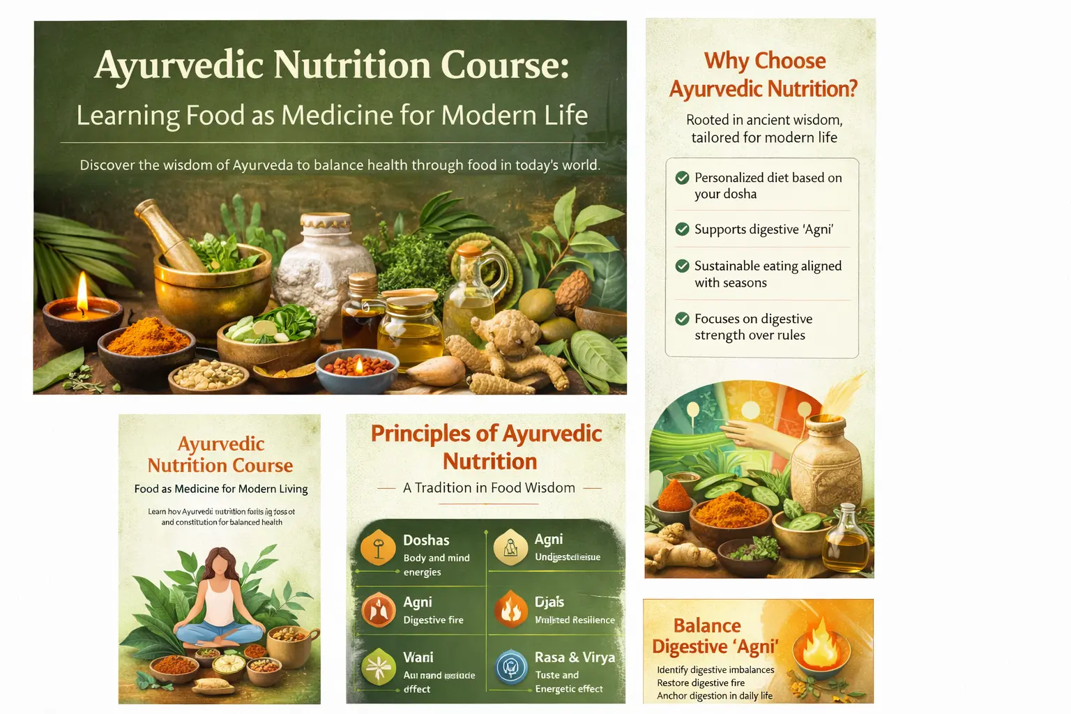 Ayurvedic nutrition course visual representing food as medicine for modern life