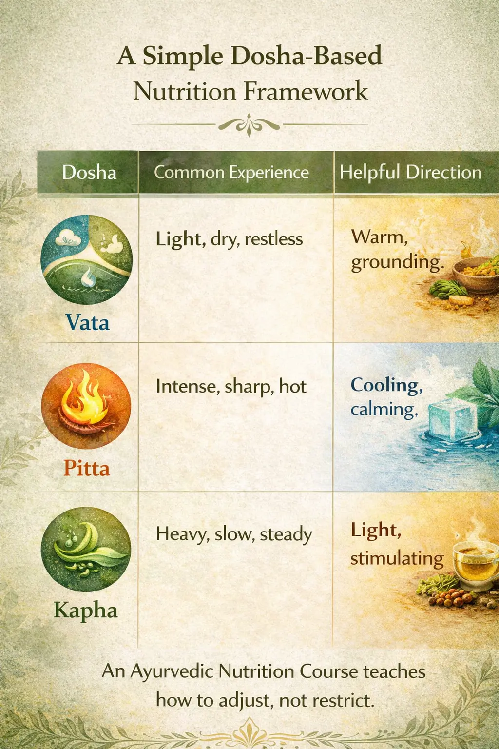 Ayurvedic nutrition illustration highlighting digestive fire agni and its role in food assimilation
