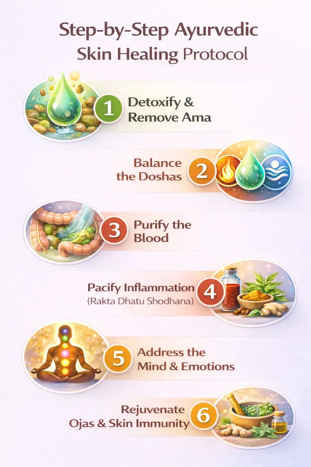 ChatGPT Image Dec 16 2025 at 05 42 04 PM | Vishuddhi Isha Yoga Goa India Step by step Ayurvedic skin healing protocol illustrating detoxification, dosha balance, blood purification, inflammation control, emotional balance, and skin immunity rejuvenation