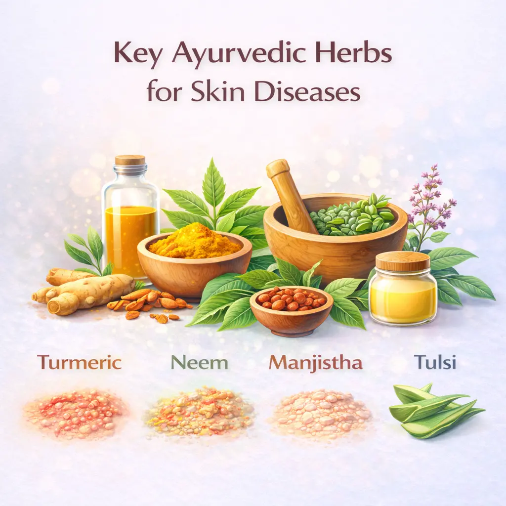 ChatGPT Image Dec 16 2025 at 05 51 06 PM | Vishuddhi Isha Yoga Goa India Ayurvedic approach to skin disease management infographic highlighting holistic healing through diet, herbs, detox, lifestyle correction, and mind body balance