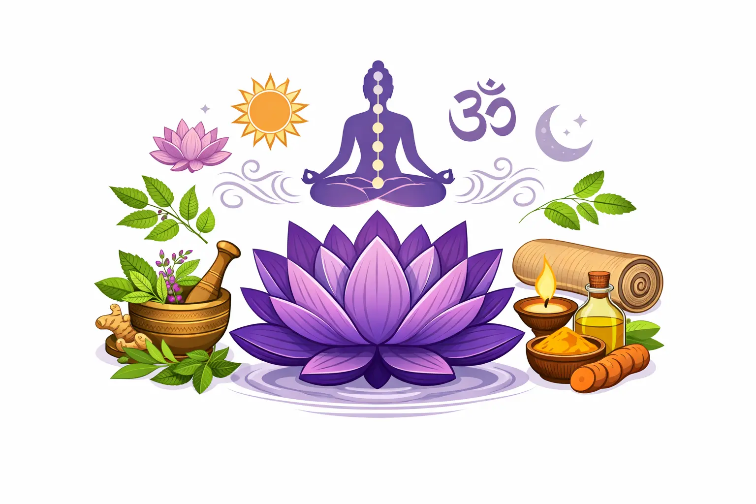 Online Ayurvedic Consultation Ayurveda Vector Illustration Online Ayurvedic Consultation graphic showing lotus, herbs, and yoga symbols representing natural wellness