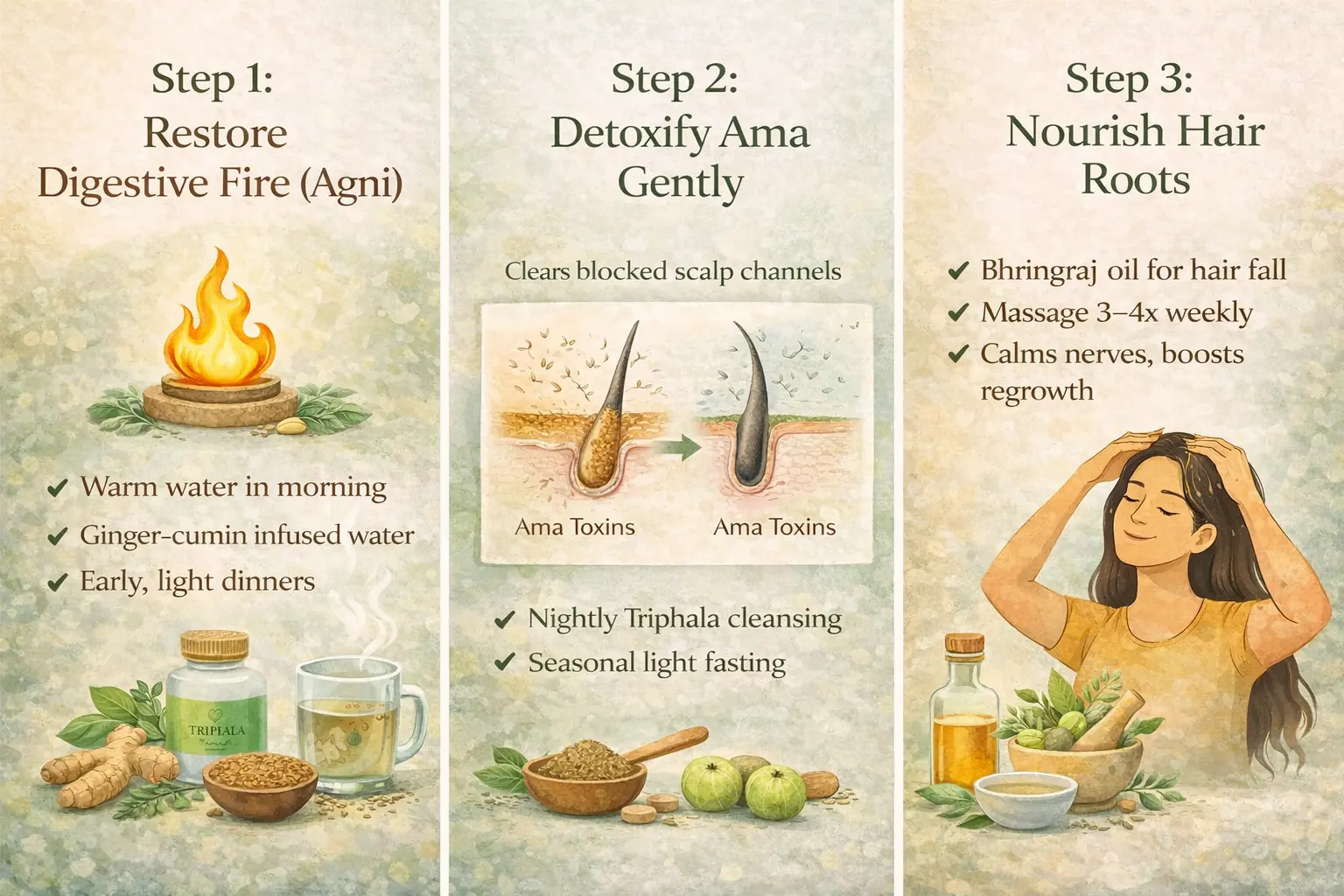 Ayurveda for Hair Loss โ Ayurvedic Hair Restoration Approach Ayurveda for Hair Loss โ natural herbs, scalp nourishment, and Agni balance