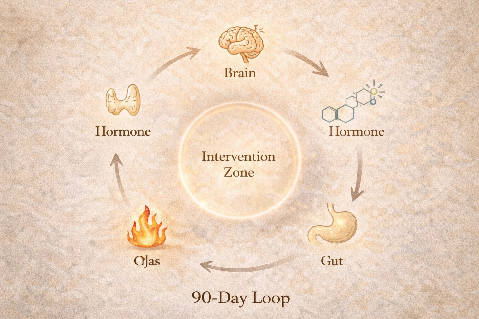 90 day loop | Vishuddhi Isha Yoga Goa India Circular diagram showing brain, hormones, gut, and ojas connected in a 90-day healing cycle