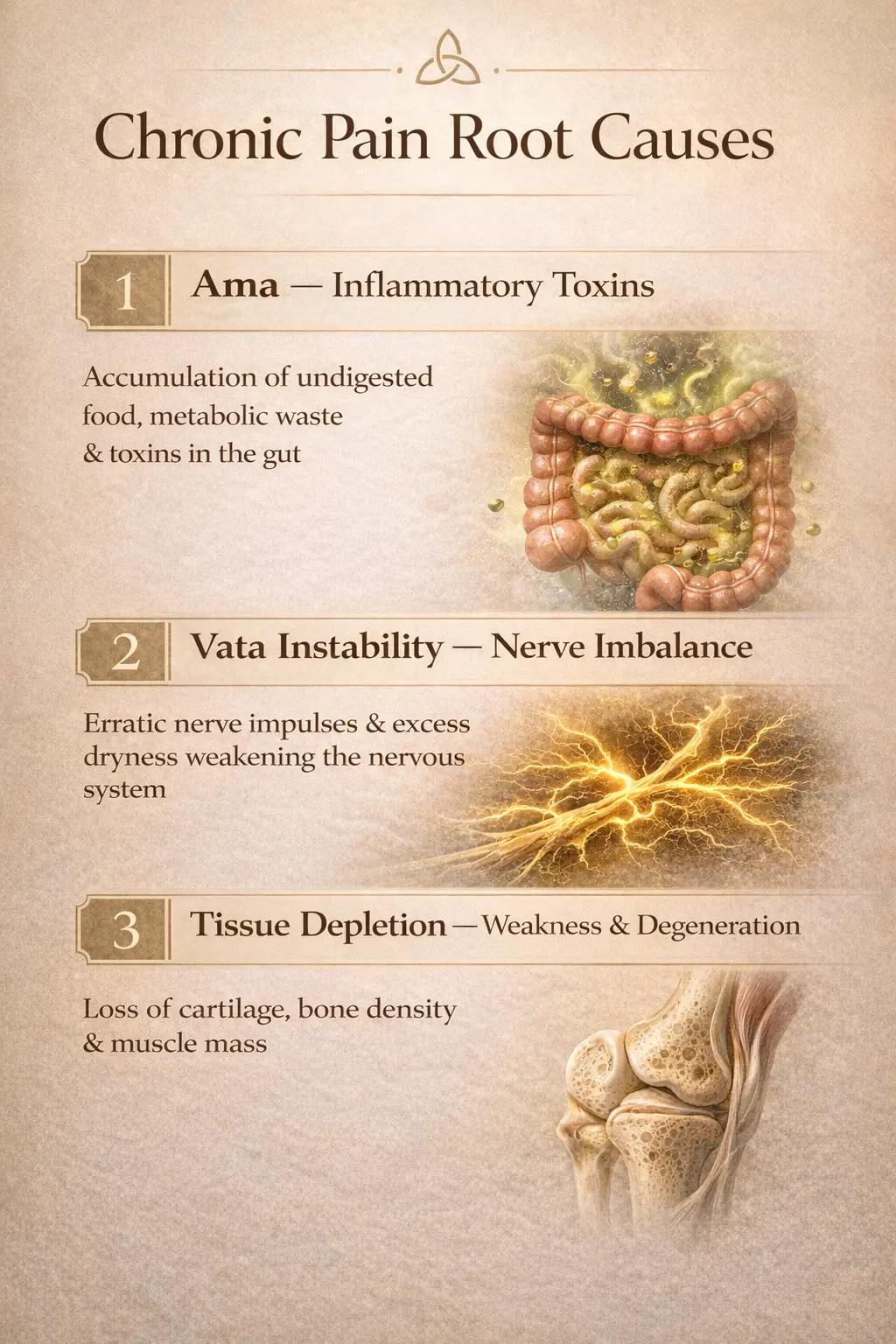 Chronic Pain Root Causes Ama Vata Tissue Depletion | Vishuddhi Isha Yoga Goa India Chronic Pain Root Causes: Ama, Vata Instability, Tissue Depletion Infographic