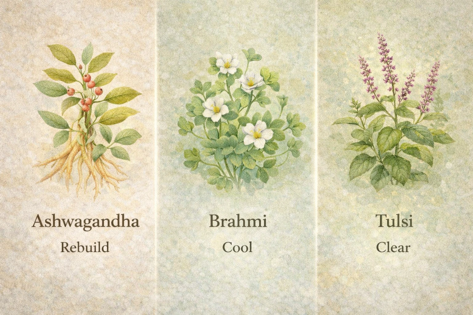 Herbs | Vishuddhi Isha Yoga Goa India Botanical watercolor illustration of Ashwagandha, Brahmi and Tulsi herbs used in Ayurvedic stress recovery