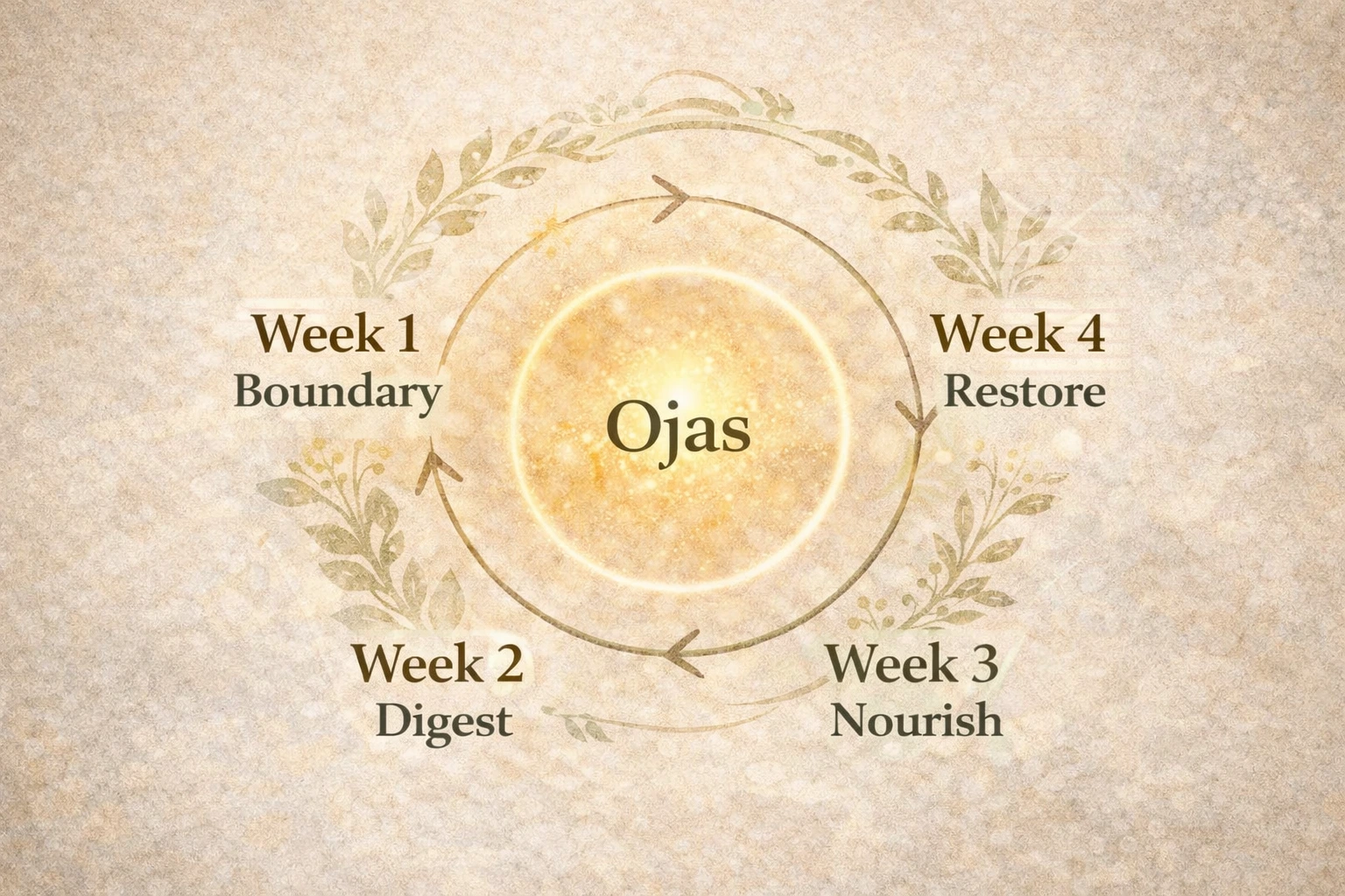 O4 week ojas building | Vishuddhi Isha Yoga Goa India Ayurvedic 4 week Ojas rebuilding cycle infographic