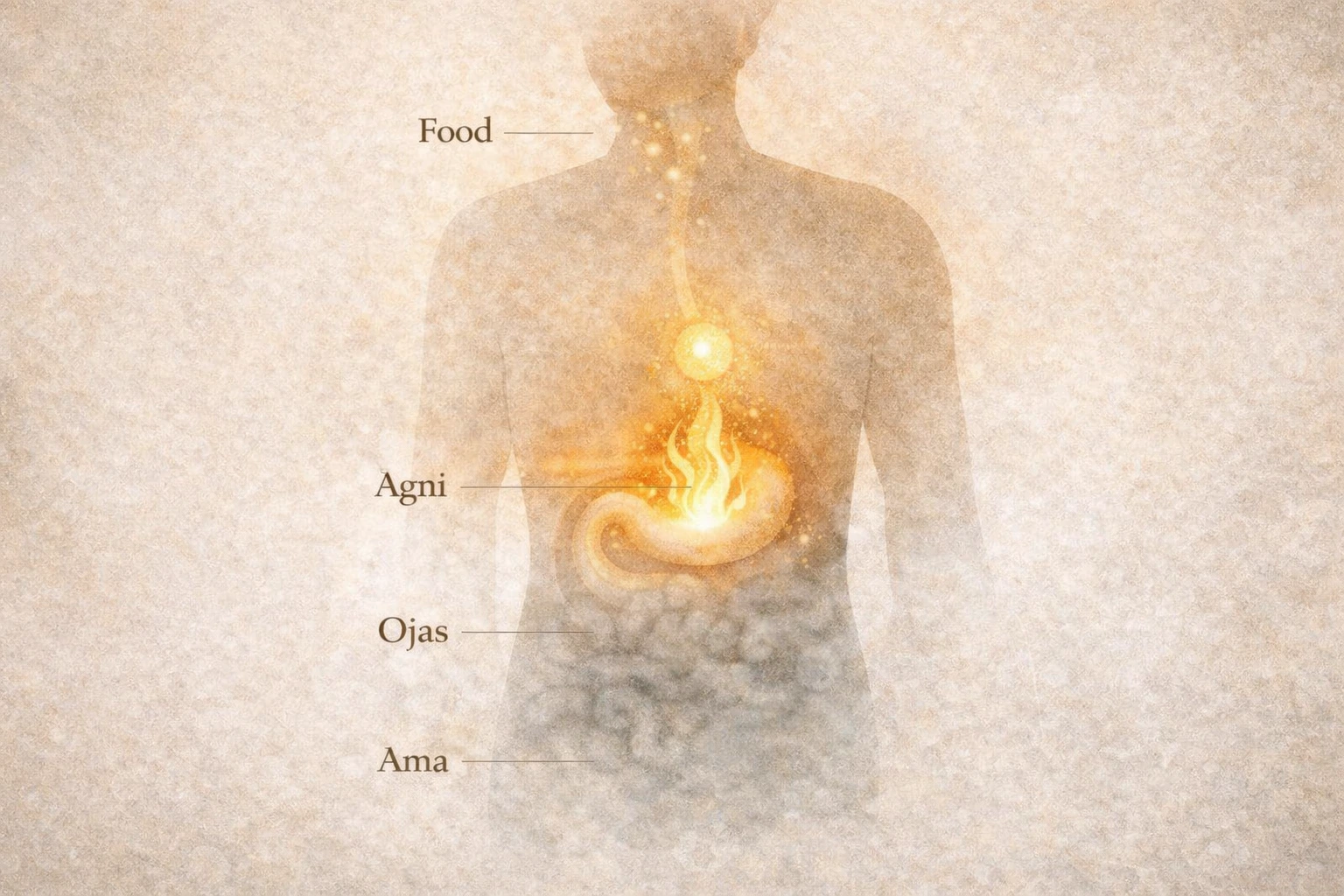 Ojas ama immune | Vishuddhi Isha Yoga Goa India Subtle silhouette illustration showing gut, shoulders, immune system and hair affected by stress