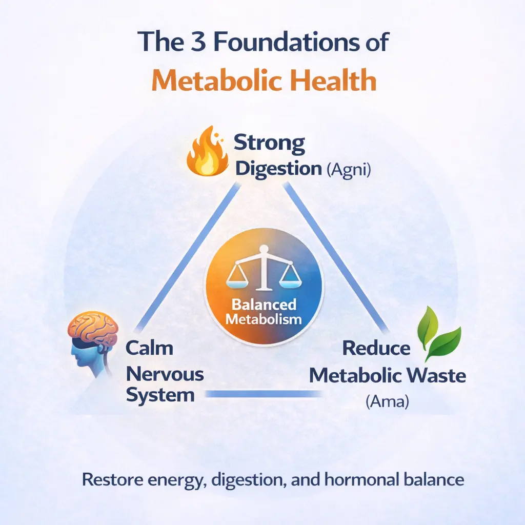3 foundations of Metabolic Health | Vishuddhi Issha Yoga Ayurveda Diagram illustrating three foundations of metabolic health digestion nervous system balance and toxin reduction