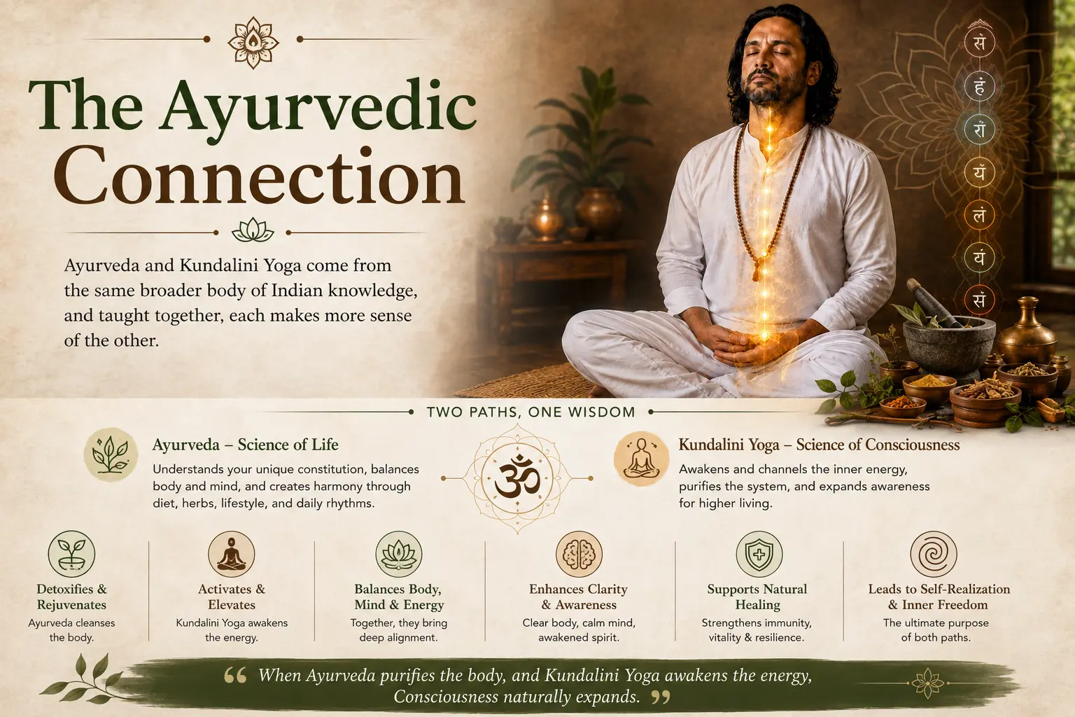 Kundalini Yoga 1 | Vishuddhi Issha Yoga Ayurveda A warm Ayurvedic meal of freshly prepared vegetables, spices, and herbal tea supporting digestion before Kundalini Yoga practice