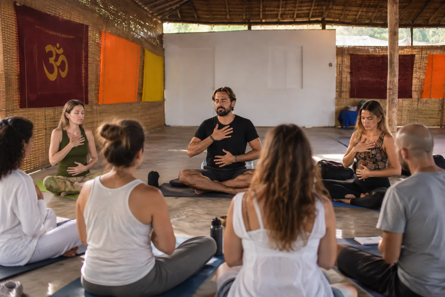 Structured kriya practice during the 100-hour Kundalini yoga certification — a teacher observing a student's breath and posture