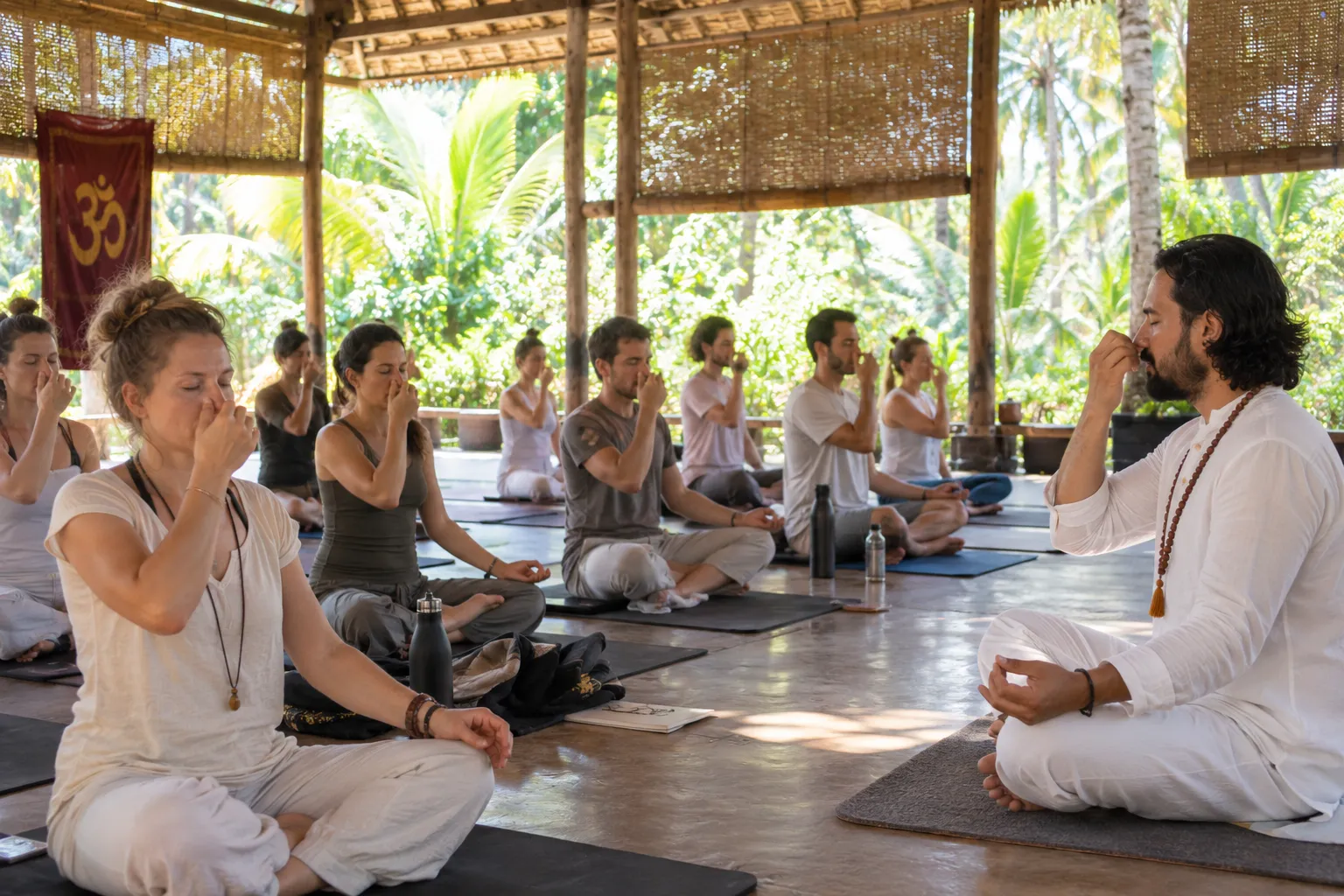 A small cohort practicing Kundalini Kriya on a sunlit stone terrace overlooking the North Goa coastline