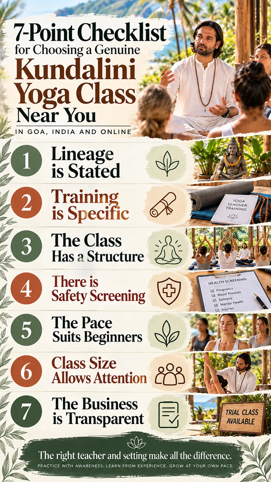 Checklist for choosing a kundalini yoga class near you (infographic of the 7 points)