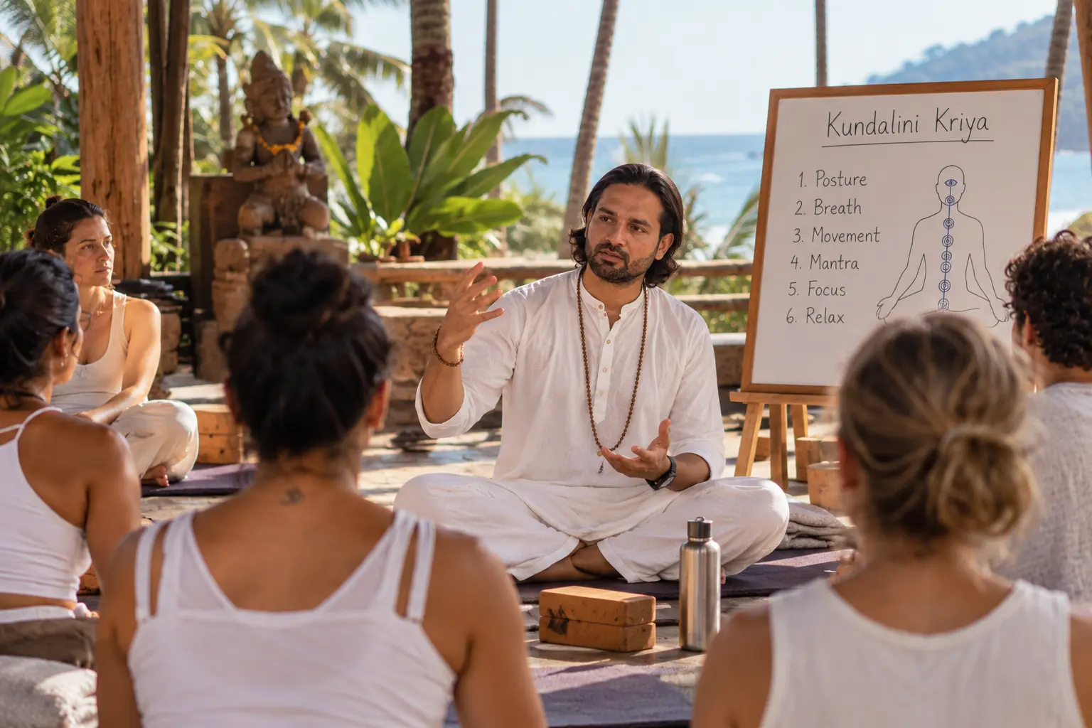 Kundalini yoga teacher explaining a kriya to beginners in Candolim, Goa