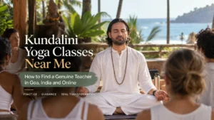 Kundalini Yoga by the Sea | Vishuddhi Issha Yoga Ayurveda Group kundalini yoga classes near you in progress, students seated in easy pose with eyes closed