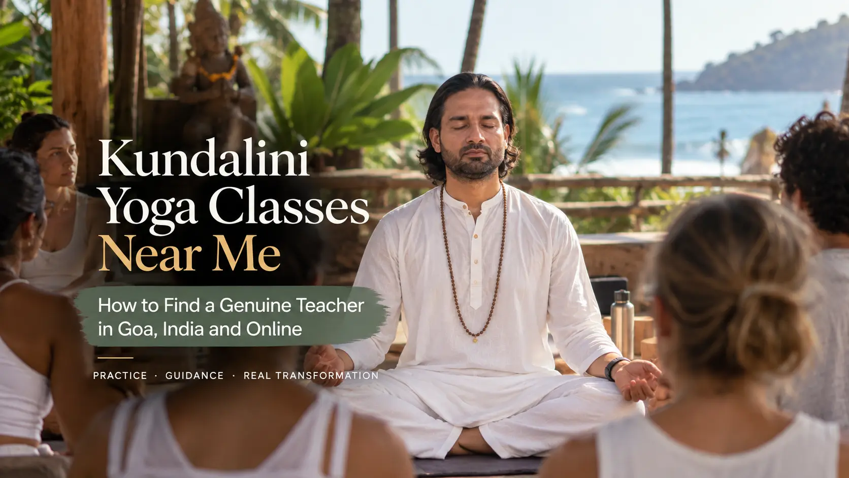 Group kundalini yoga classes near you in progress, students seated in easy pose with eyes closed